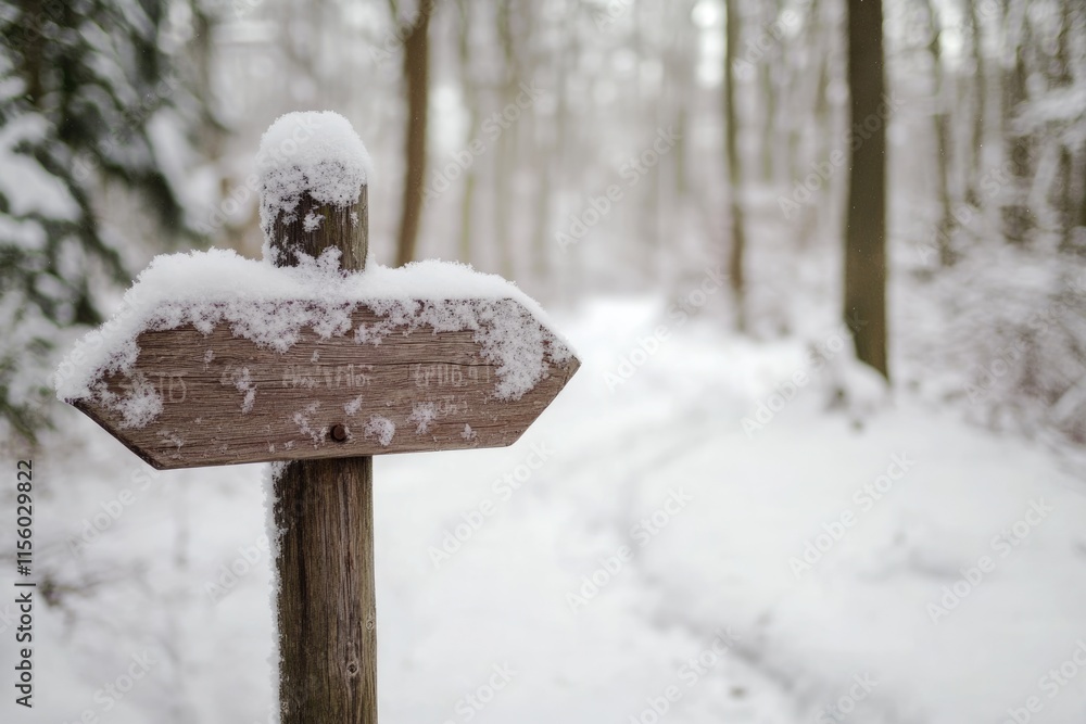 Snow-covered wooden trail marker in a snowy winter forest. Snow-covered wooden trail marker in a snowy winter forest.