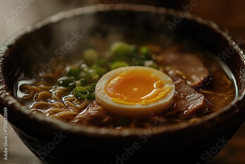 Steaming bowl of ramen noodles, topped with a soft-boiled egg and sliced meat. photo