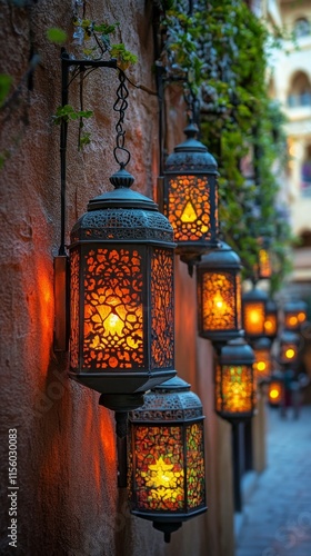 Colorful lanterns hang in an enchanting market showcasing artistic designs an...