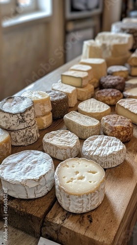 Cheese platter featuring a variety of textures and flavors showcased on a woo...