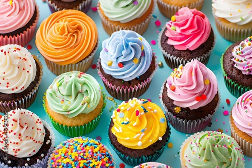 Assorted cupcakes with vibrant colorful frosting and sprinkles, variety of flavors, sweet dessert, festive treats, minimalistic background, bright and appetizing presentation