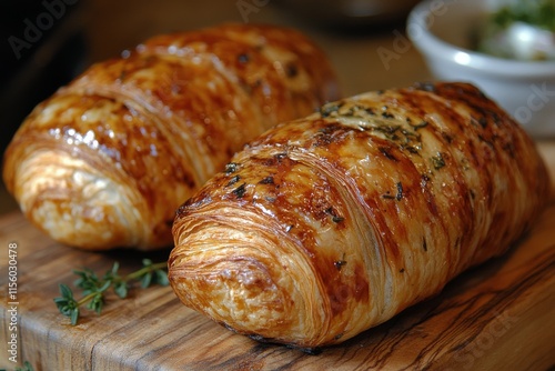 Freshly baked croissants resting on a wooden cutting board in a cozy kitchen