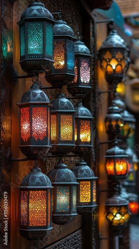 Colorful lanterns hang in an enchanting market showcasing artistic designs an...