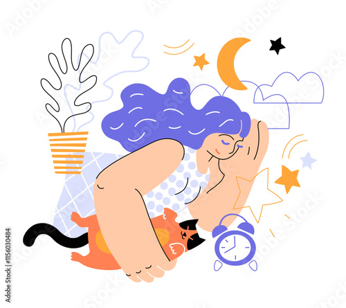 Woman sleeping in bed with a cat. Good normal sleep for self-care and mental health support. Caring lifestyle. Modern flat vector illustration.