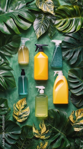 Colorful cleaning supplies arranged among tropical leaves for eco-friendly ho...