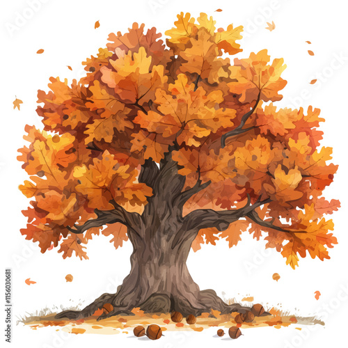 A watercolor vector of a large oak tree with golden autumn leaves, isolated on a white background. Autumn vector.
