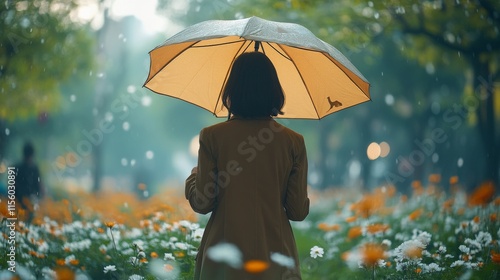 Woman with brown umbrella in blooming flower garden during sunset