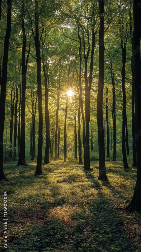 Naklejka premium Sunlight beams shining through a lush forest in the early morning
