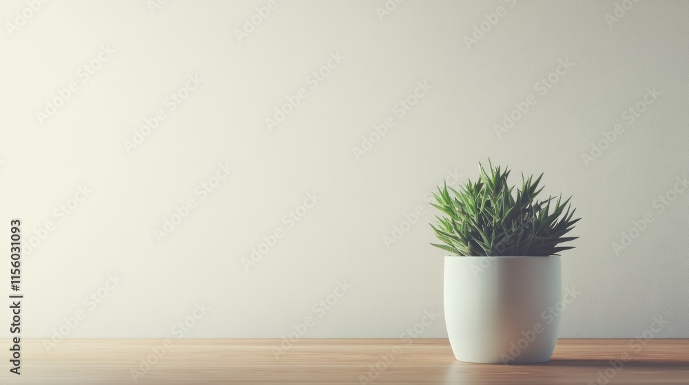 Minimalist Plant in White Pot on Wooden Table Against a Neutral Wall Minimalist Plant in White Pot on Wooden Table Against a Neutral Wall