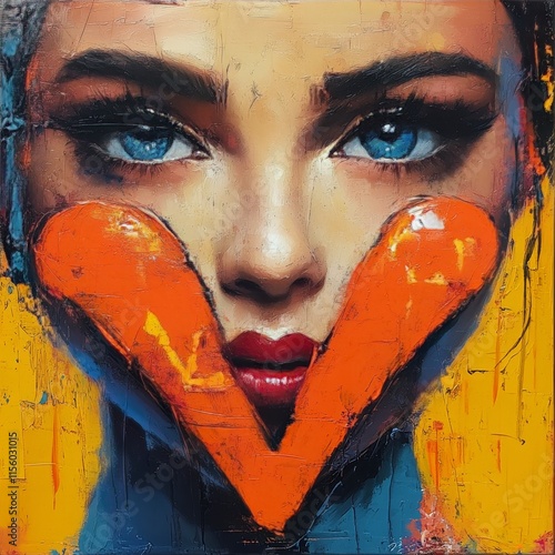 Artistic portrait of a woman with expressive blue eyes and vibrant colors in ...