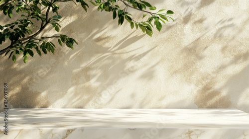 Minimal empty white marble stone counter table top, green tree in sunlight, leaf shadow on beige brown stucco cement wall for luxury organic cosmetic, skincare, beauty treatment product background 3D