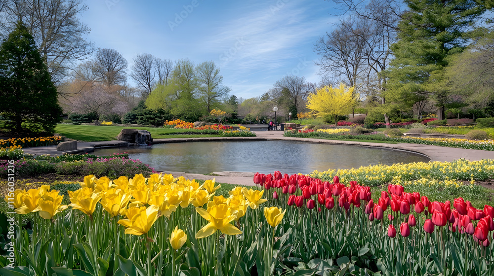 Obraz premium Springtime park with colorful tulips, pond and trees