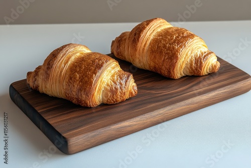 Freshly baked croissants resting on a wooden cutting board in a cozy kitchen