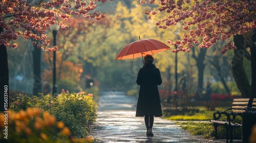 Woman with brown umbrella in blooming flower garden during sunset
