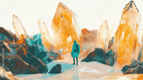 A vibrant digital painting of a traveler in a bright turquoise jacket standing amidst a surreal golden desert, surrounded by futuristic crystalline structures in the distance, the subject sharply deta photo