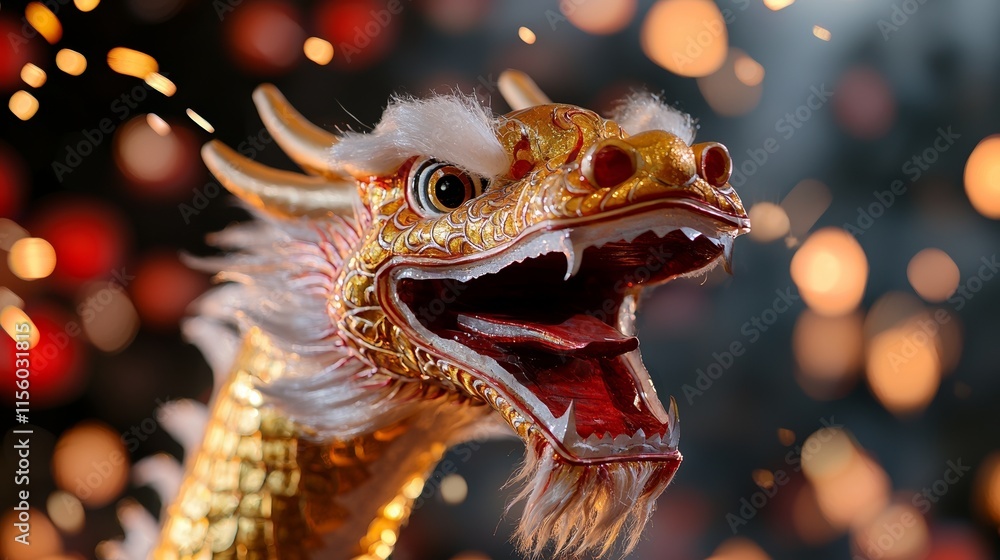 Obraz premium Chinese New Year dragon dance performance on a lively bustling street.