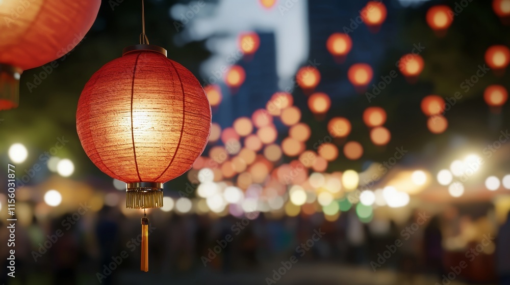 Fototapeta premium Chinese New Year market scene with colorful lanterns, festive food stalls, and vibrant decorations.