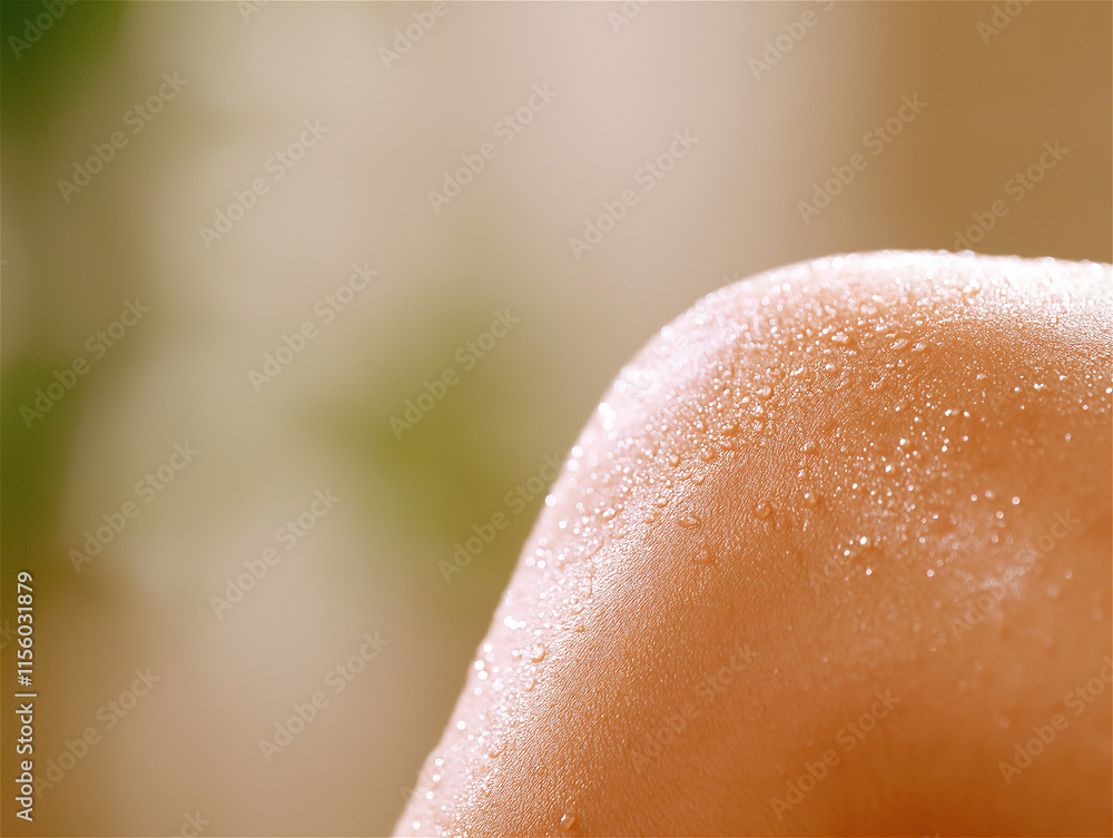 Fototapeta premium Close-up of dewy skin glistening in soft light, capturing natural beauty and skincare concepts with a fresh and radiant vibe.