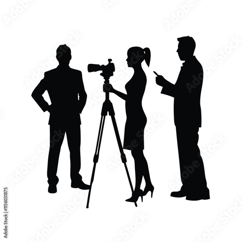 a black silhouette of three people, two men and a woman, standing in front of a camera on a tripod.