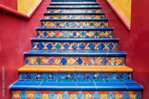 Colorful tiled staircase leading up in a vibrant cultural venue in a city
