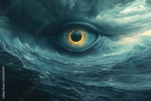 A giant eye emerges from stormy waves, symbolizing the power and mystery of nature. photo