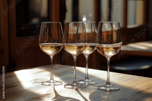 Elegant display of wine glasses capturing sunlight in a cozy setting