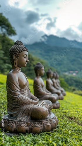 Serenity and tranquility of Buddha statues surrounded by lush greenery in a p...