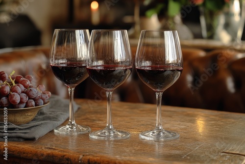 Elegant red wine glasses lined up on a wooden table with a warm background