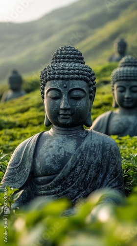 Serenity and tranquility of Buddha statues surrounded by lush greenery in a p...