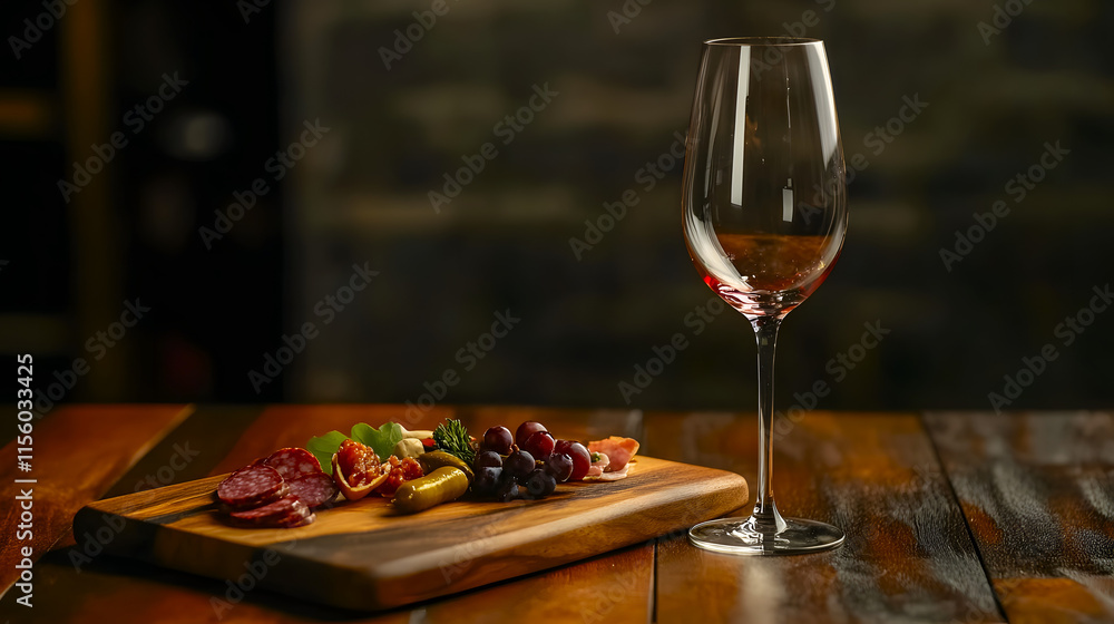 Elegant wine glass and charcuterie board on a wooden table Elegant wine glass and charcuterie board on a wooden table