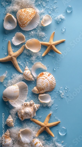 Various seashells and a starfish arranged on a blue background in a decorativ...