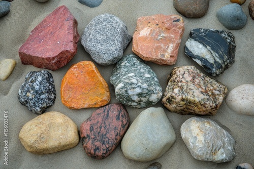 Stones arranged on sandy beach near rocky shoreline under overcast sky at coa...