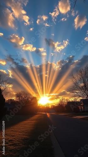 Beautiful sunset with rays of light shining through clouds in a quiet neighbo...