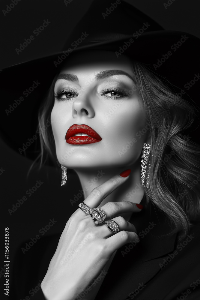 Black and white image of a beautiful mature woman wearing red lipstick and nail polish, black hat and coat, earrings, adorned with rings on her hand, set against dark background. Black and white image of a beautiful mature woman wearing red lipstick and nail polish, black hat and coat, earrings, adorned with rings on her hand, set against dark background.
