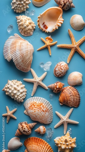 Various seashells and a starfish arranged on a blue background in a decorativ...