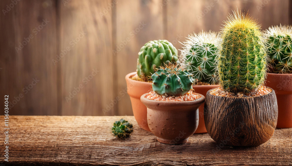 Various small green barrel cacti are arranged in terracotta pots on a rustic wooden surface against a warm brown background. Various small green barrel cacti are arranged in terracotta pots on a rustic wooden surface against a warm brown background.
