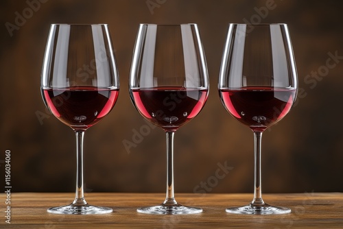 Elegant red wine glasses lined up on a wooden table with a warm background