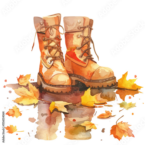 A watercolor vector of a pair of autumn boots in a puddle of leaves, isolated on a white background. Autumn boots vector.
