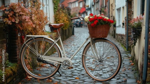 Charming cobblestone street with a bicycle and floral arrangements in a quain...