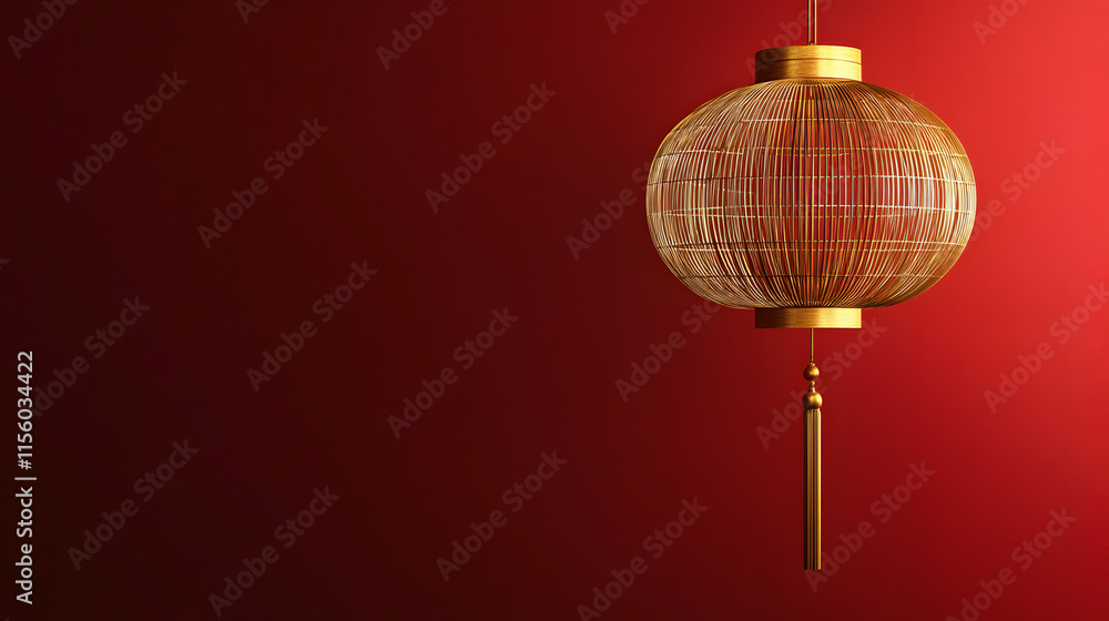 Obraz premium golden Chinese lantern with intricate wireframe design hangs elegantly against red gradient background, evoking sense of tradition and celebration