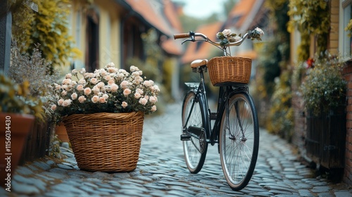 Charming cobblestone street with a bicycle and floral arrangements in a quain...