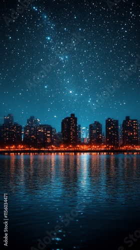 Night sky filled with stars over calm water and illuminated shoreline at dusk