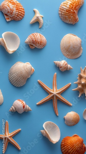 Various seashells and a starfish arranged on a blue background in a decorativ...