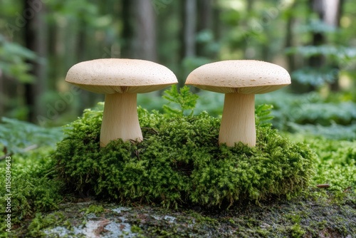 Two white mushrooms growing on moss in a lush green forest during daytime