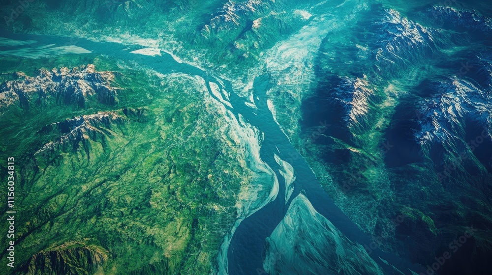 Fototapeta premium A satellite view of Kashmir illustrating its natural features and rivers,