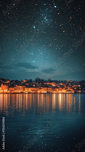 Night sky filled with stars over calm water and illuminated shoreline at dusk