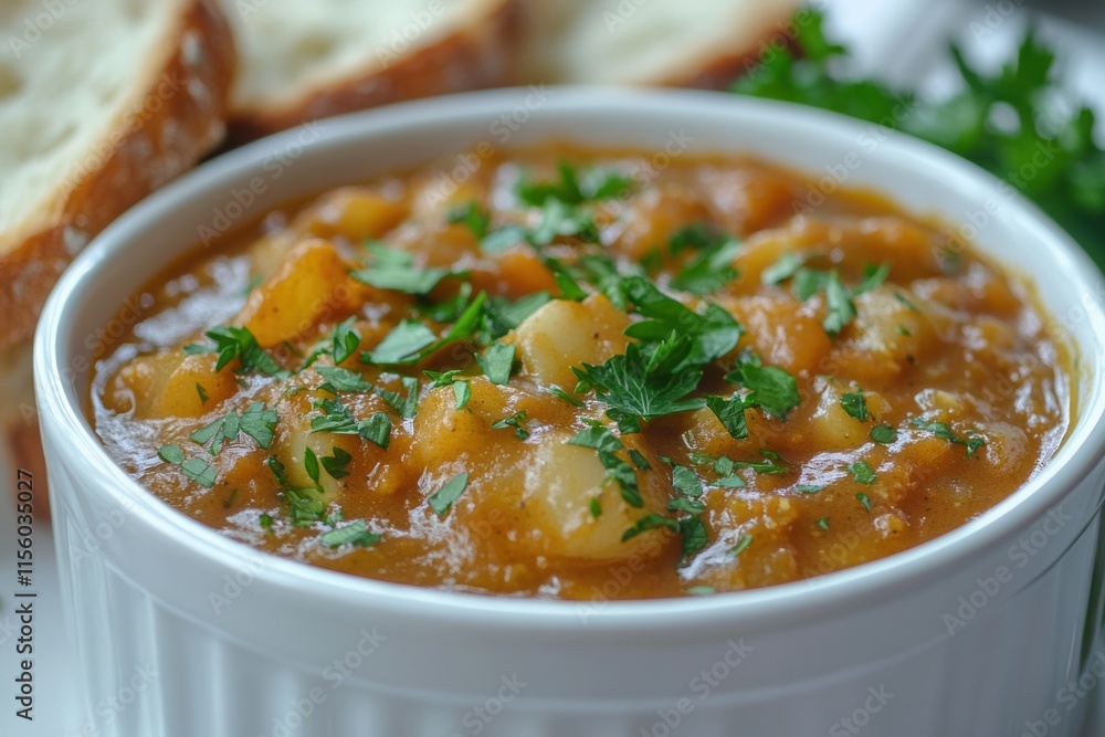 traditional irish cuisine, irish stew in a white bowl with parsley, beside fluffy soda bread, on a white background in a close-up shot traditional irish cuisine, irish stew in a white bowl with parsley, beside fluffy soda bread, on a white background in a close-up shot