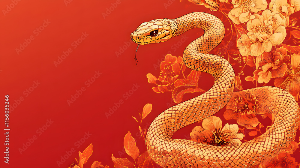 Fototapeta premium golden snake coiled gracefully amidst intricate floral patterns on vibrant red background, evoking sense of elegance and traditional Chinese artistry