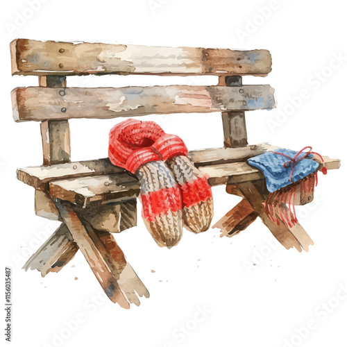 A watercolor vector of a pair of cozy mittens and a scarf on a wooden bench, isolated on a white background. Cozy mittens vector.
