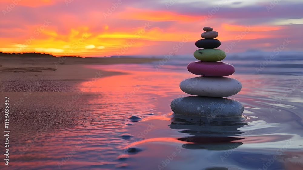 vibrant pile of pebbles with a variety of hues reflected in it. soothing theme, meditation wallpaper, and a beach backdrop at sunset. Zen, life balance, mental health, mindfulness, holistic health, we vibrant pile of pebbles with a variety of hues reflected in it. soothing theme, meditation wallpaper, and a beach backdrop at sunset. Zen, life balance, mental health, mindfulness, holistic health, we